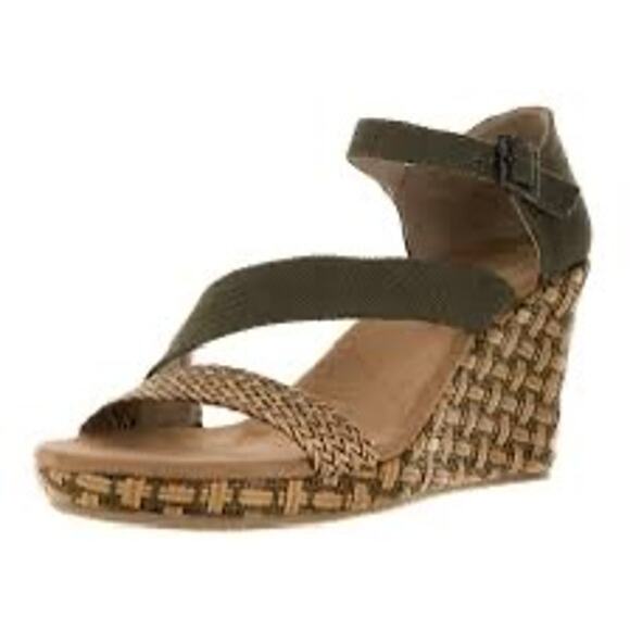 Toms NWT Clarissa check olive wedge Heels size 9 canvas - Picture 1 of 8